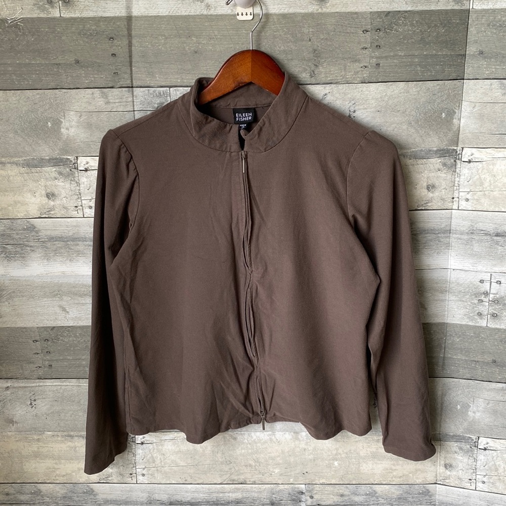 EILEEN FISHER TAUPE KNIT ZIP UP JACKET 3/4 SLEEVE BROWN WOMEN’S MEDIUM